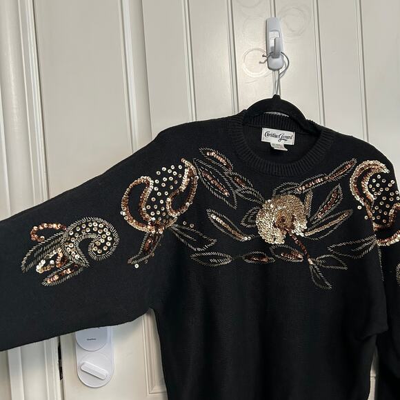 Vintage Christine Gerard Black Sequin Beaded Sweater M 80s Glam Party Dolman - Picture 3 of 11